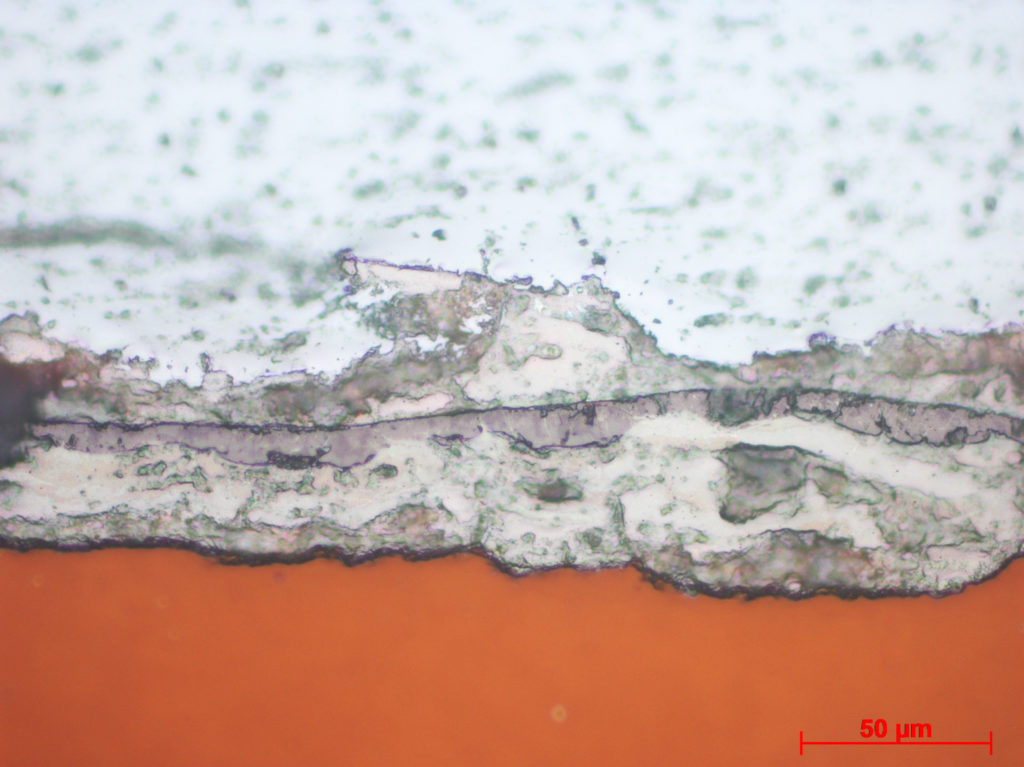 White (CRS) has penetrated all the way to metal surface (orange)